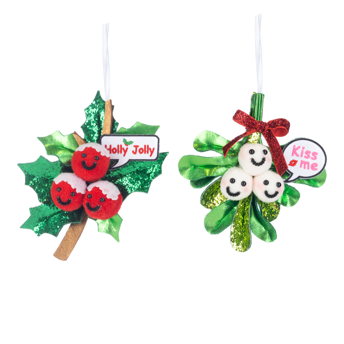 Set 2 ornamente zâmbitoare din textil, ilice și vâsc, verde/roșu, 14 cm