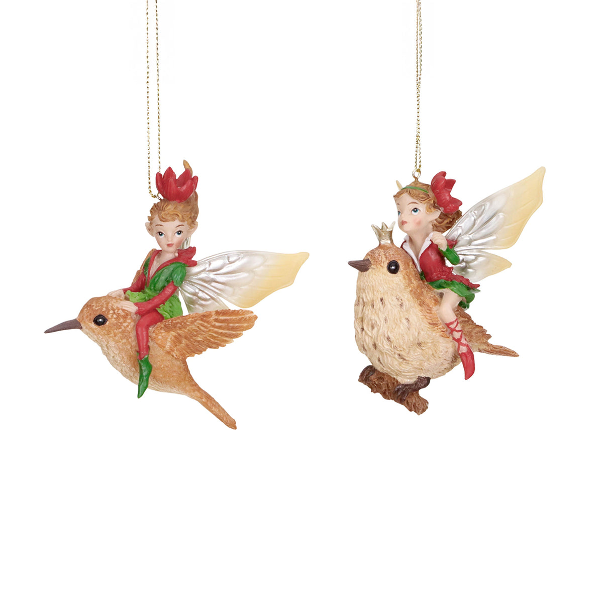 Set 2 ornamente zâne călare pe pasăre, maro/roșu/verde, 11 cm