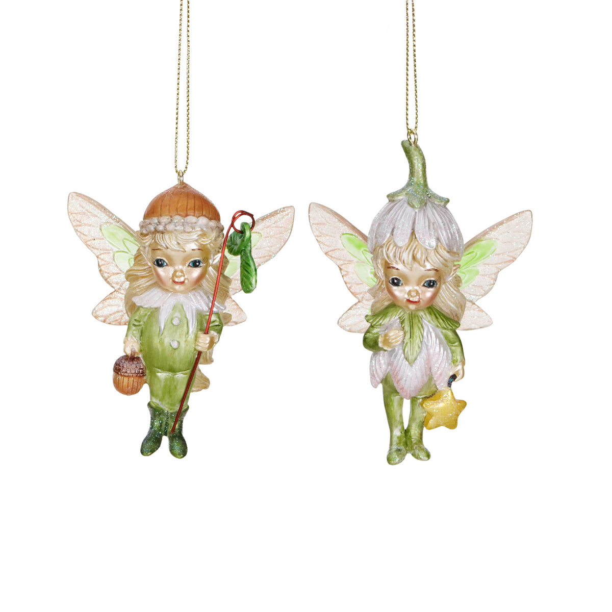 Set 2 ornamente zâne cu floare și ghindă, verde/crem/alb, 9,5 cm