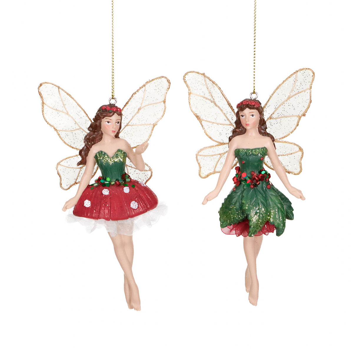 Set 2 ornamente zâne cu frunză și ciupercă din textil, verde/roșu, 13,5 cm