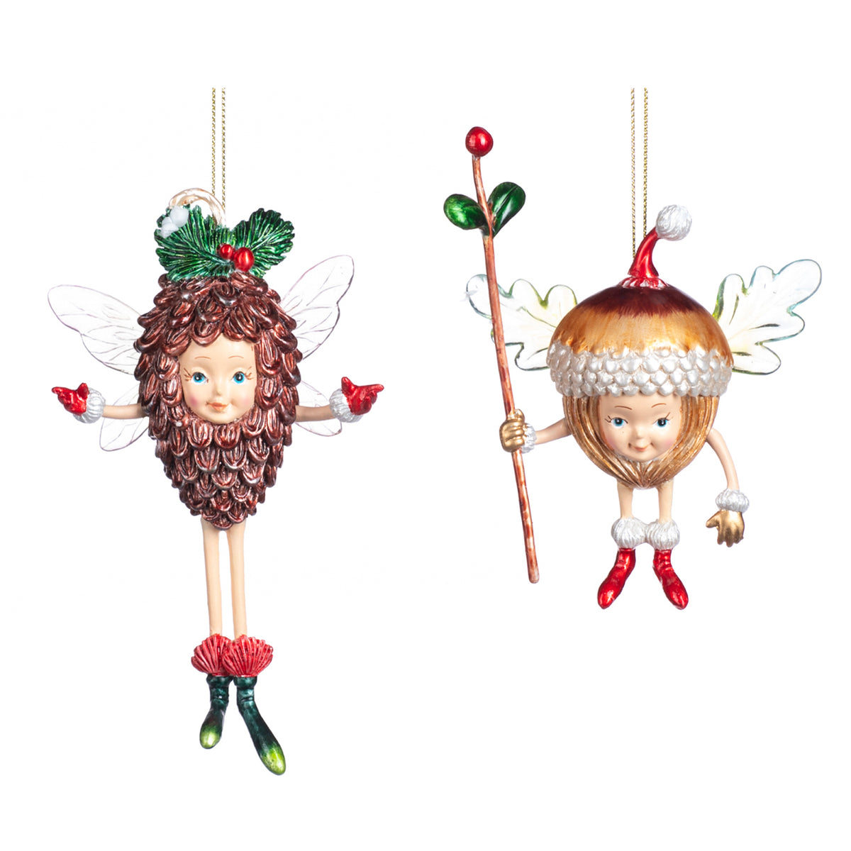 Set 2 ornamente zâne cu ghindă și con de brad, maro, 14 cm