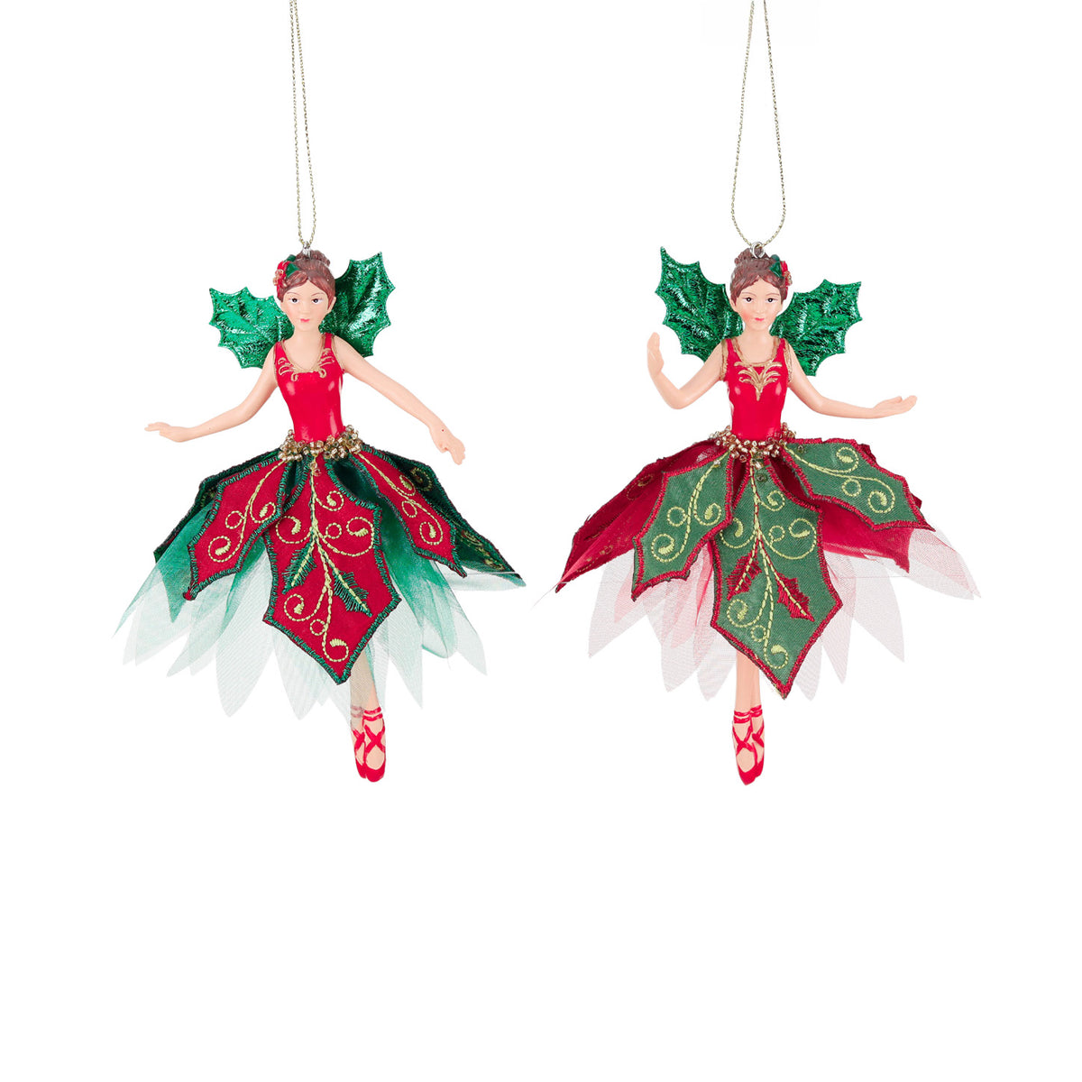 Set 2 ornamente zâne de Crăciun din textil cu ilice, roșu/verde, 15 cm