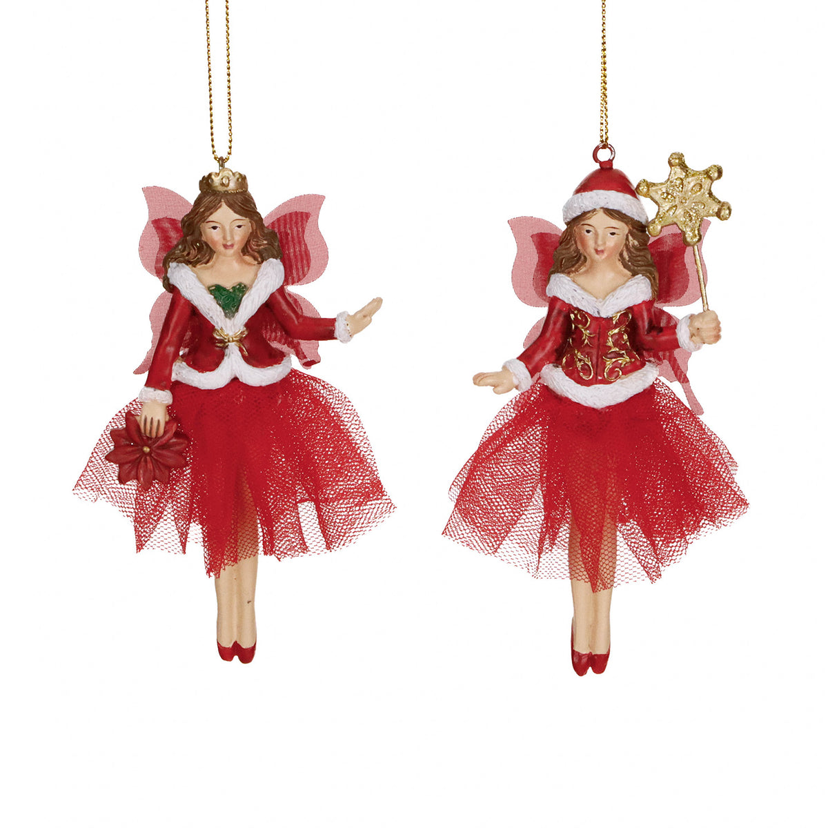 Set 2 ornamente zâne de Crăciun din tul, roșu/alb/auriu, 13 cm