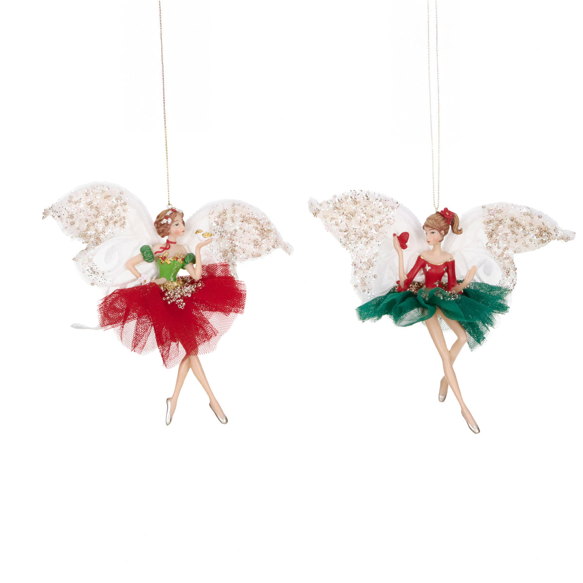 Set 2 ornamente zâne fluture cu animăluț, roșu/verde/crem, 15 cm