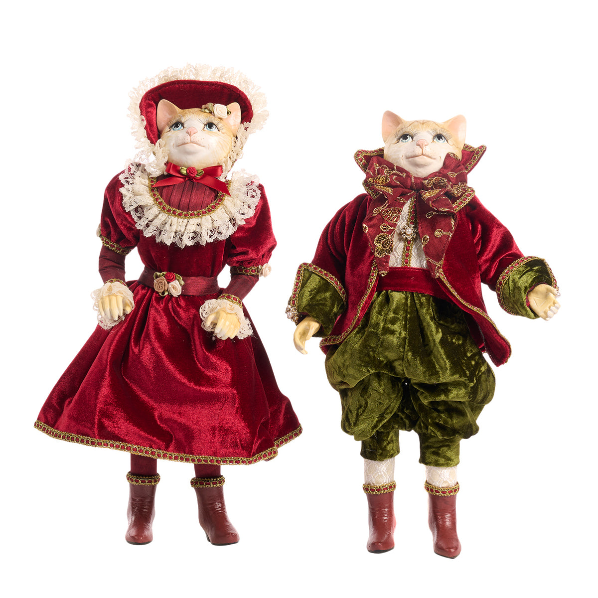 Set 2 păpuși pisici colindătoare victoriene, burgund/verde, 45 cm