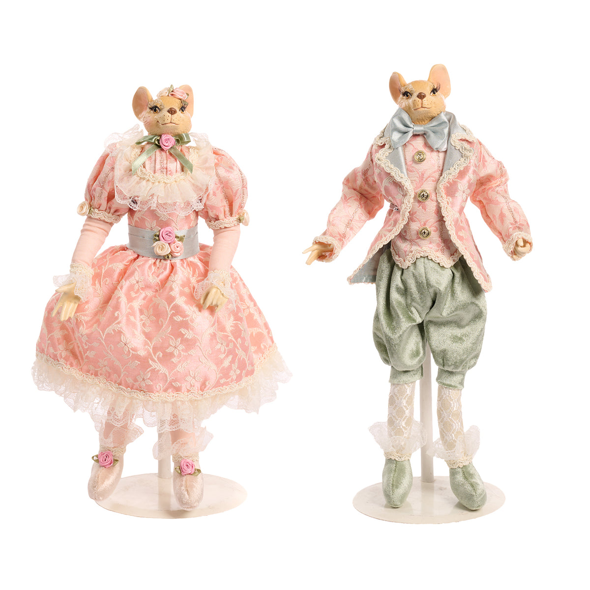 Set 2 păpuși șoricei, băiat și fată, roz/verde, 40 cm