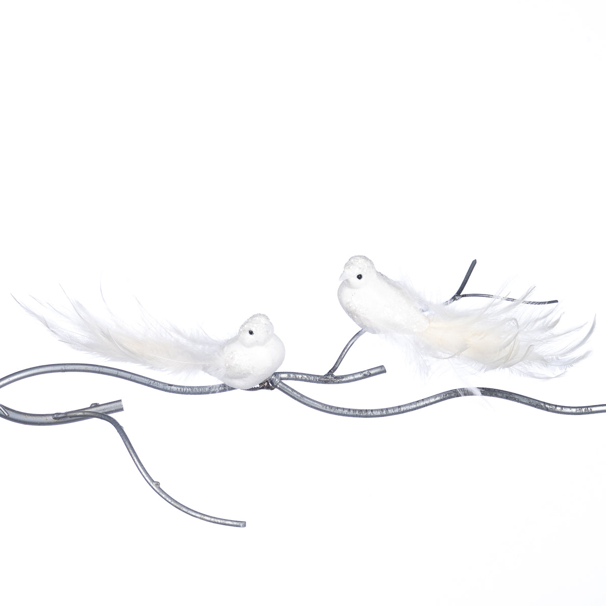 Set 2 păsări cu pene și sclipici, pe clemă, alb, 20 cm
