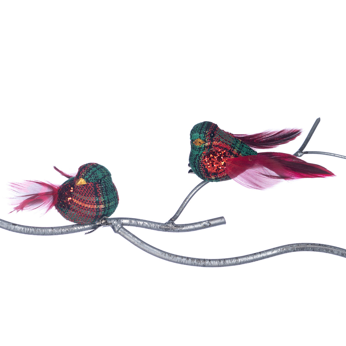 Set 2 păsări din pene și textil cu model tartan, pe clemă, roșu/verde, 10 cm