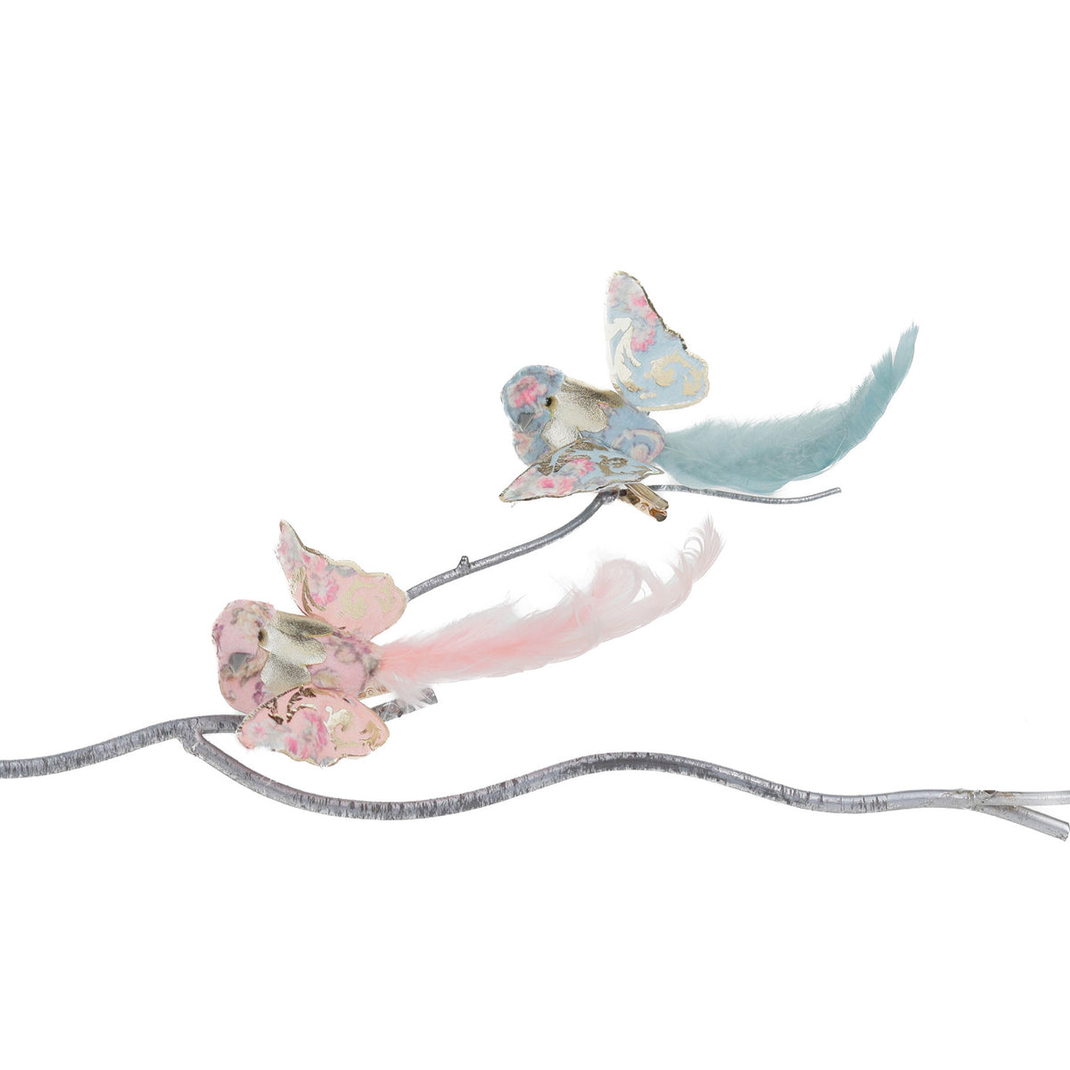 Set 2 păsări în zbor cu model floral din textil, pe clemă, roz/albastru, 18 cm