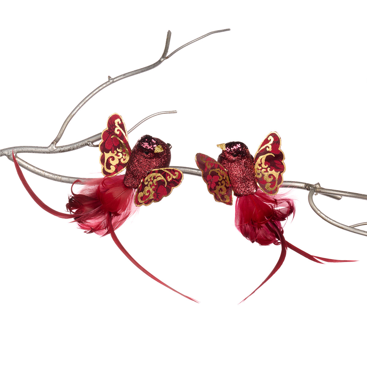 Set 2 păsări în zbor cu pene și model în spirală, pe clemă, burgund/auriu, 18 cm