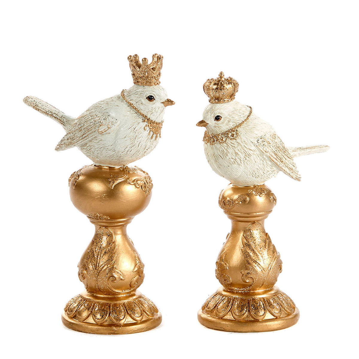 Set 2 păsări regale cu coroană, pe suport, auriu, 17 cm