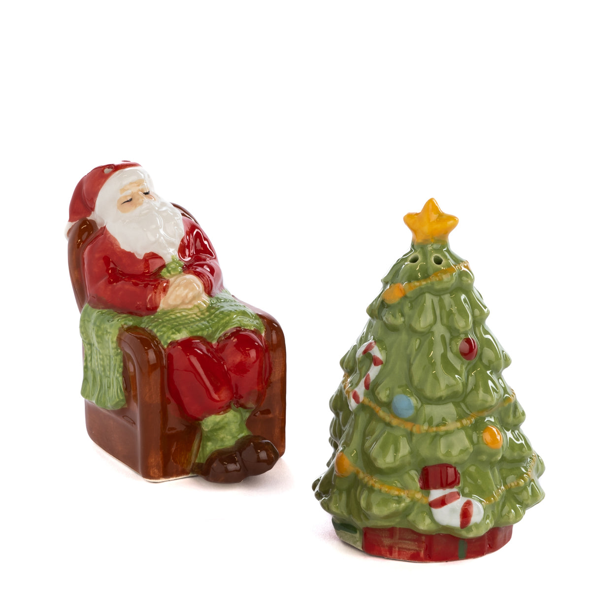 Set 2 recipiente pentru sare și piper din ceramică, Moș Crăciun și brad, roșu, 8,5 cm