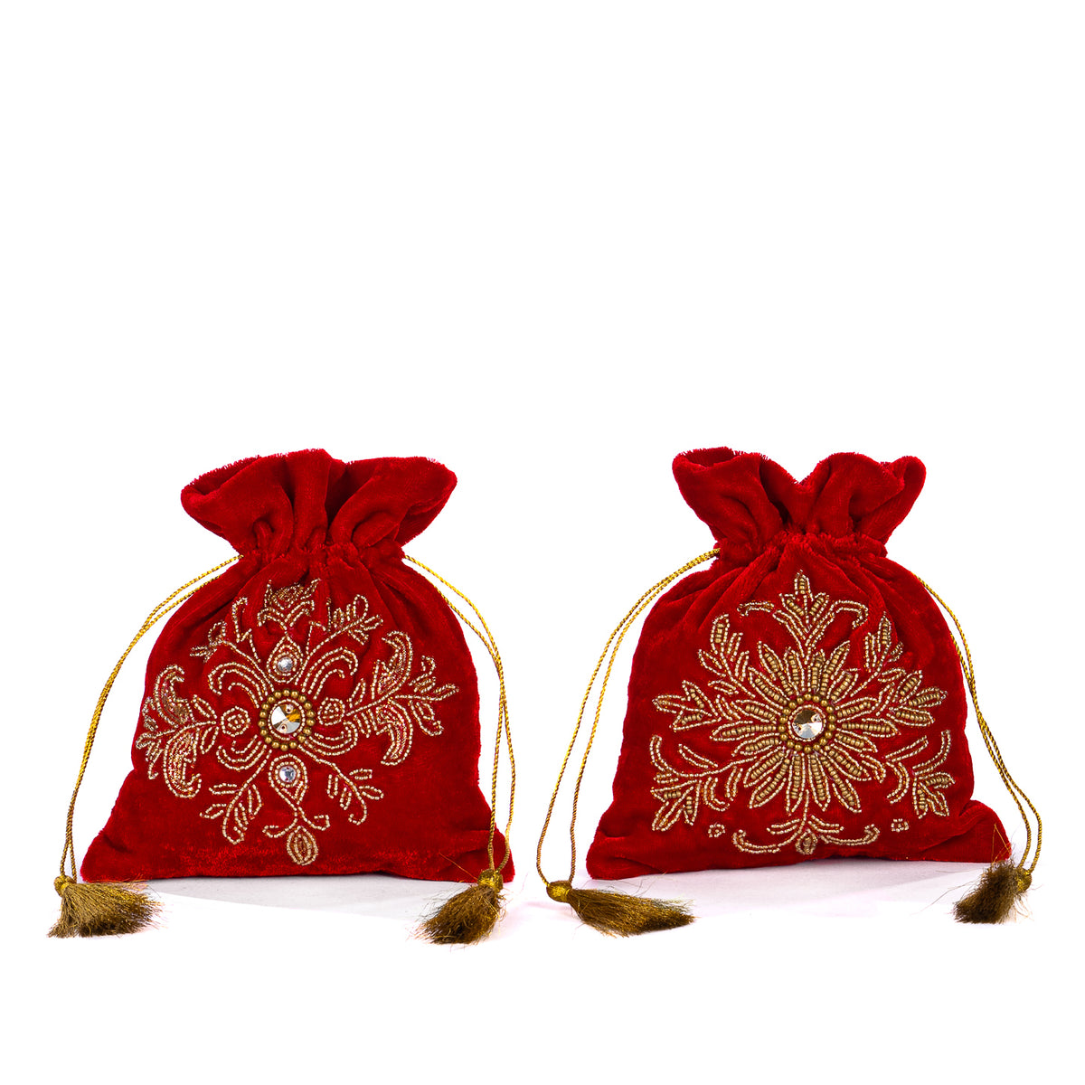 Set 2 săculeți din catifea cu fulgi de zăpadă din mărgele, roșu/auriu, 18 cm