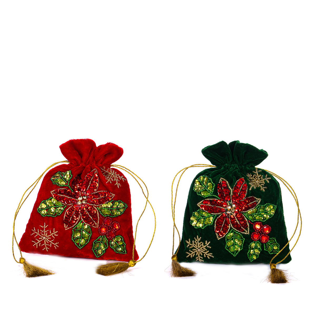 Set 2 săculeți din catifea cu paiete și crăciuniță, roșu/verde, 18 cm