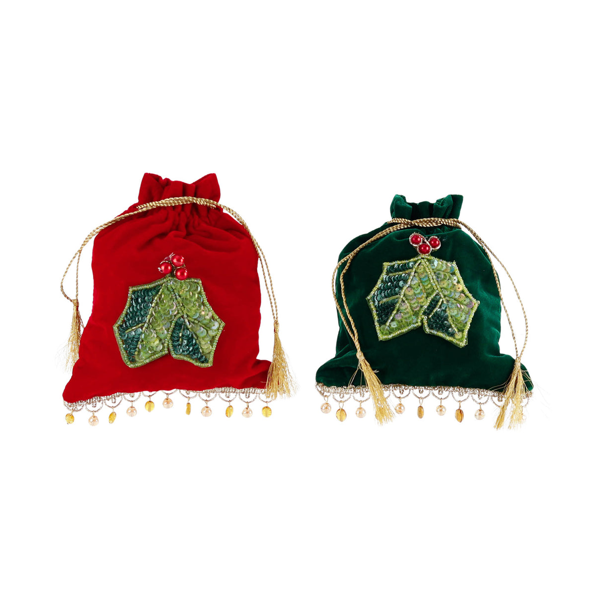 Set 2 săculeți din catifea cu paiete și model de ilice cu bobițe, roșu/verde, 20 cm