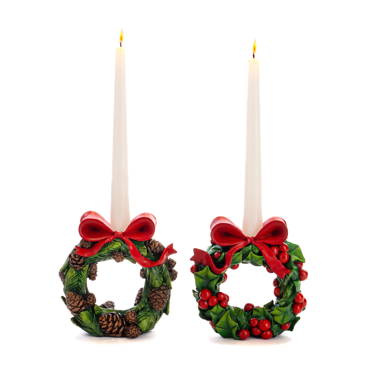 Set 2 suporturi de lumânare în formă de coroniță cu ilice și conuri, verde, 14,5 cm