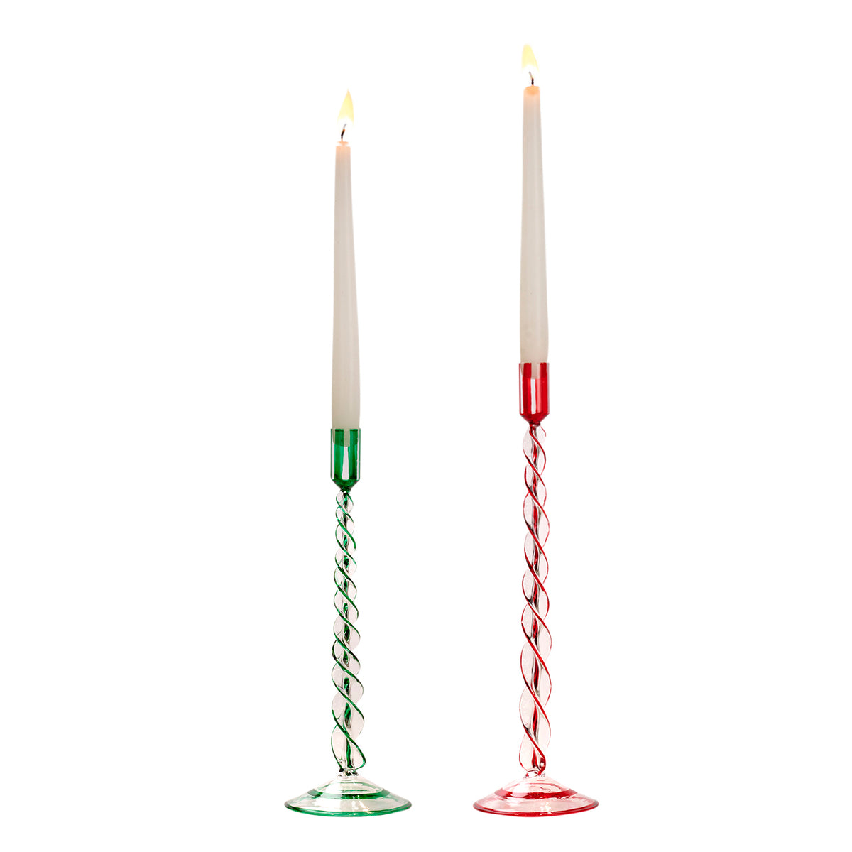 Set 2 suporturi înalte pentru lumânări din sticlă, în spirală, roșu/verde, 37 cm