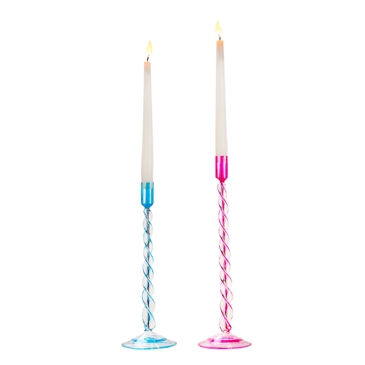 Set 2 suporturi înalte pentru lumânări din sticlă, în spirală, roz/albastru, 37 cm