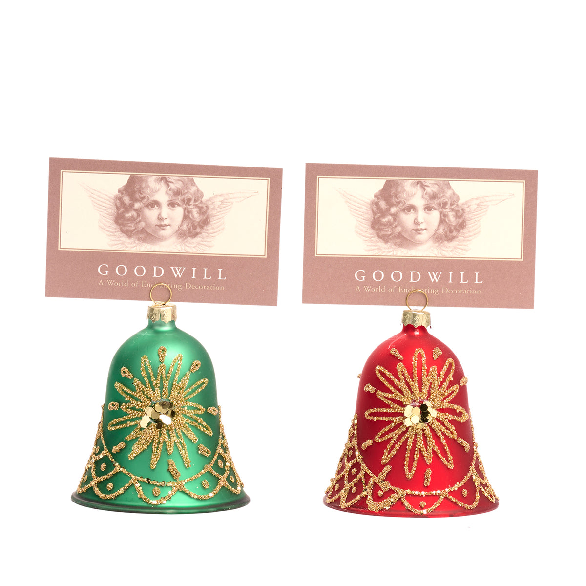 Set 2 suporturi pentru felicitări în formă de clopoțel din sticlă cu sclipici, roșu/verde, 9,5 cm