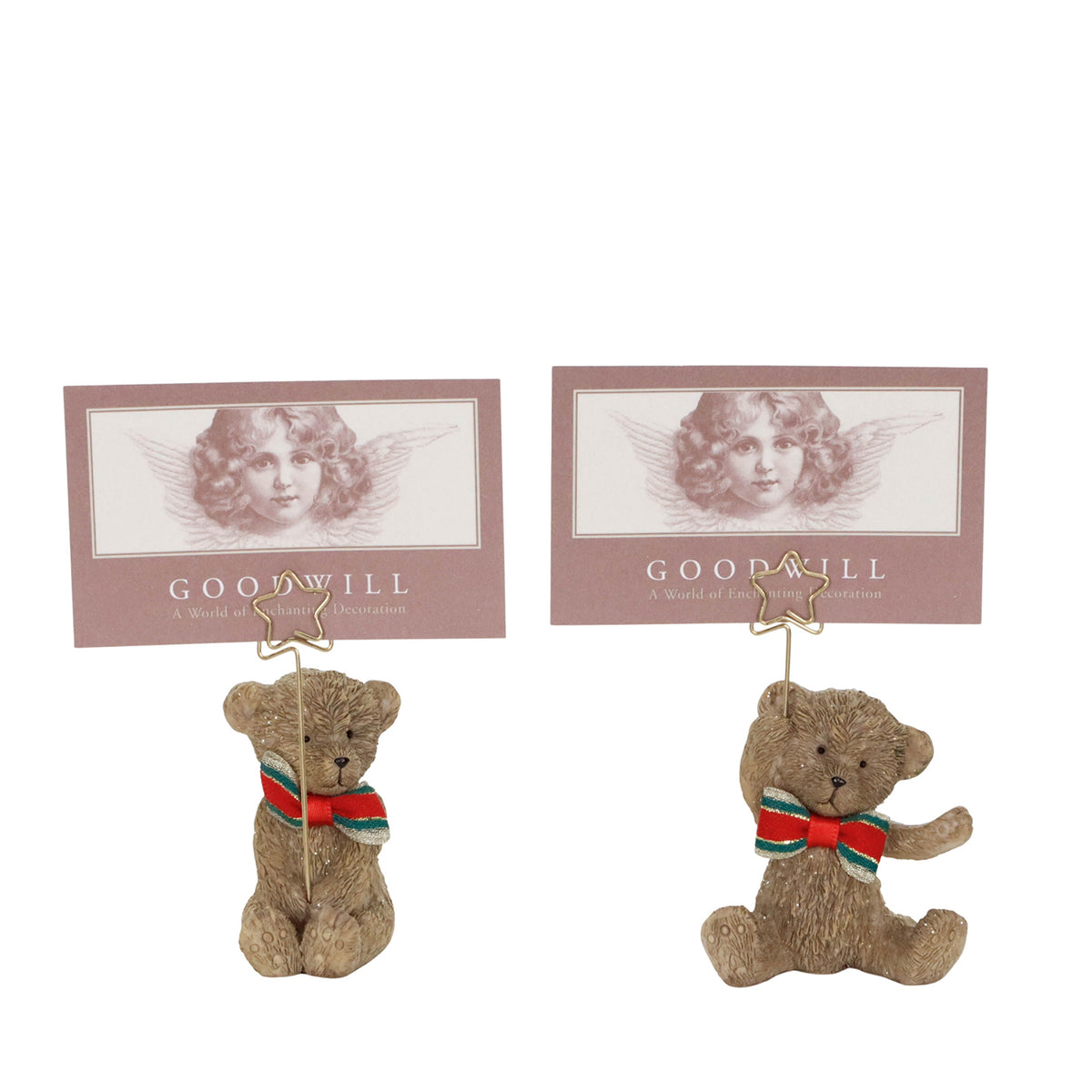 Set 2 suporturi pentru felicitări ursuleț de Crăciun, maro/roșu, 10,5 cm