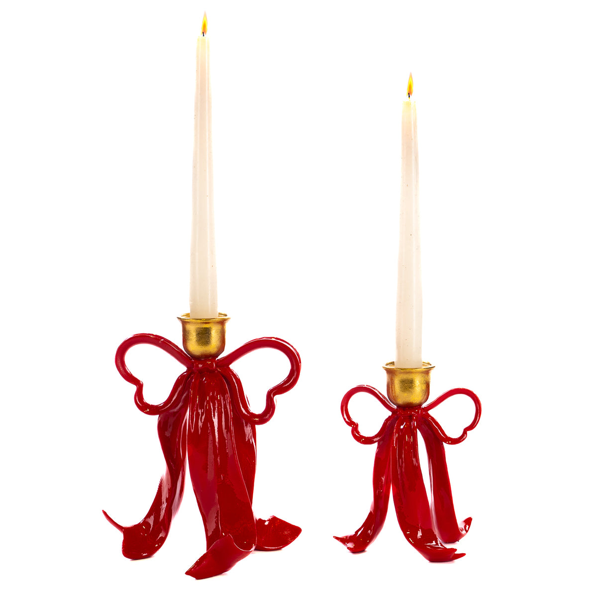 Set 2 suporturi pentru lumânare cu fundă, roșu/auriu, 16/20 cm