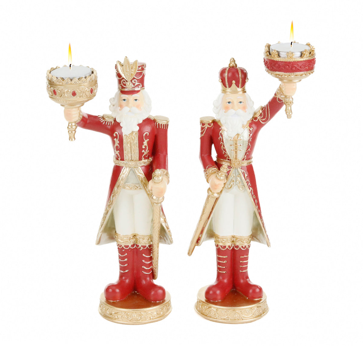 Set 2 suporturi pentru lumânare cu spărgător de nuci, roșu/crem, 28 cm