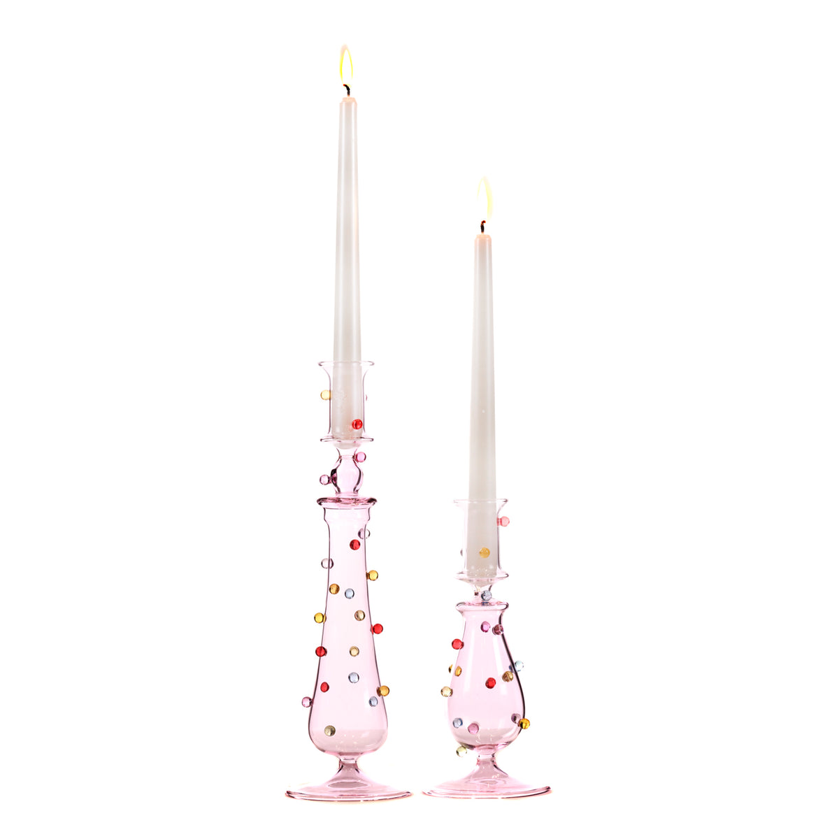 Set 2 suporturi pentru lumânări din sticlă 3D cu buline, roz/multicolor, 30 cm