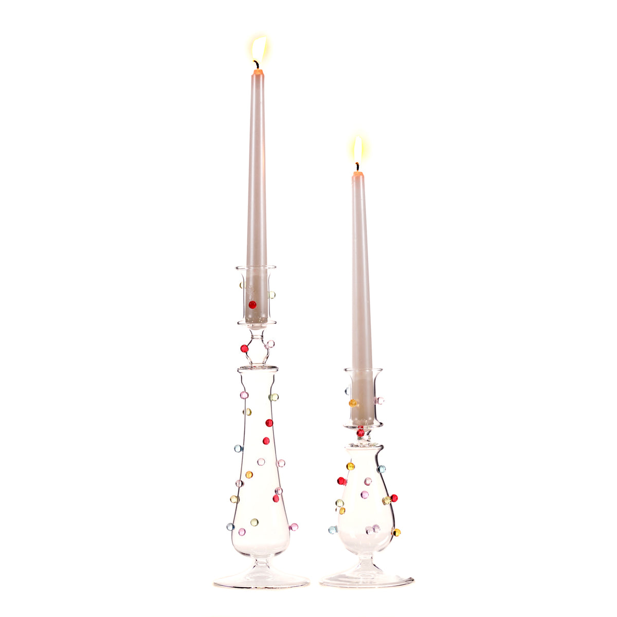 Set 2 suporturi pentru lumânări din sticlă 3D cu buline, transparent/multicolor, 30 cm