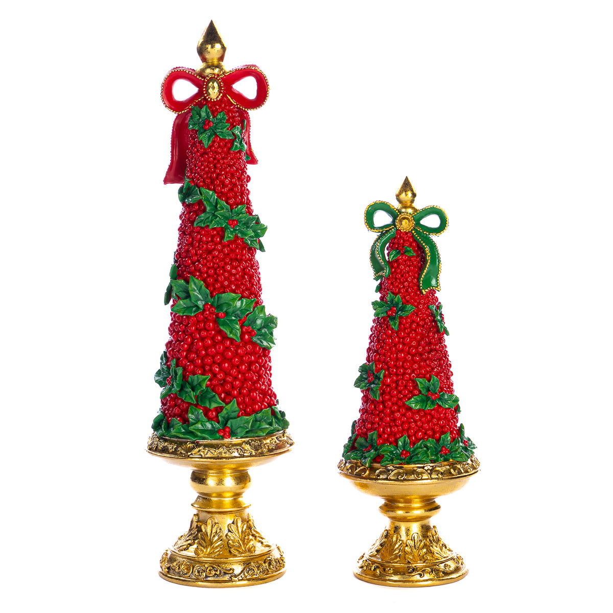Set 2 topiare de Crăciun cu ilice și bobițe, roșu/verde/auriu, 30/48 cm