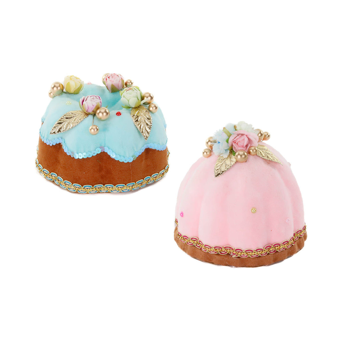 Set 2 torturi cu flori din textil, roz/albastru, 15 cm