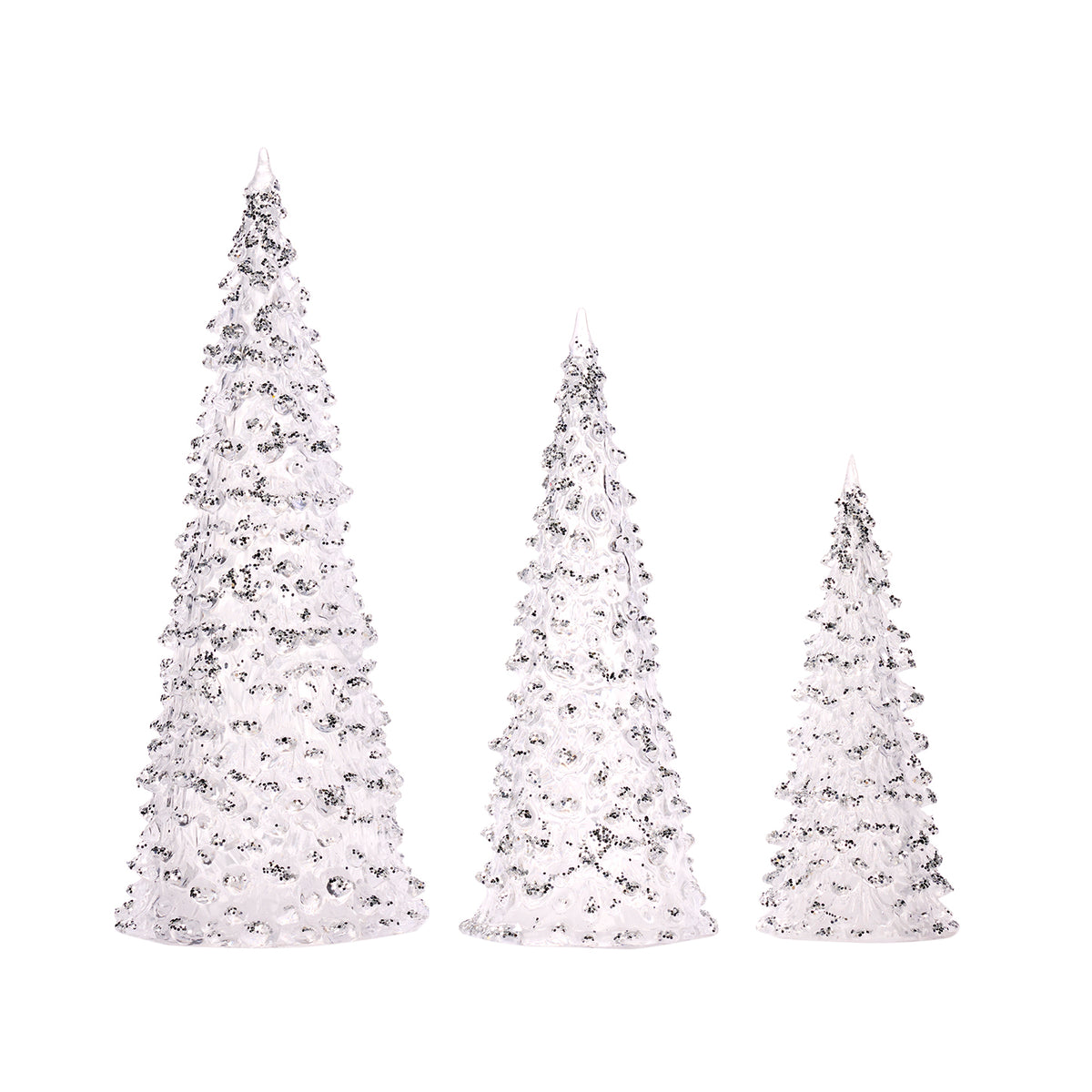 Set 3 brăduți de Crăciun din sticlă cu sclipici, alb, 16/22/27 cm