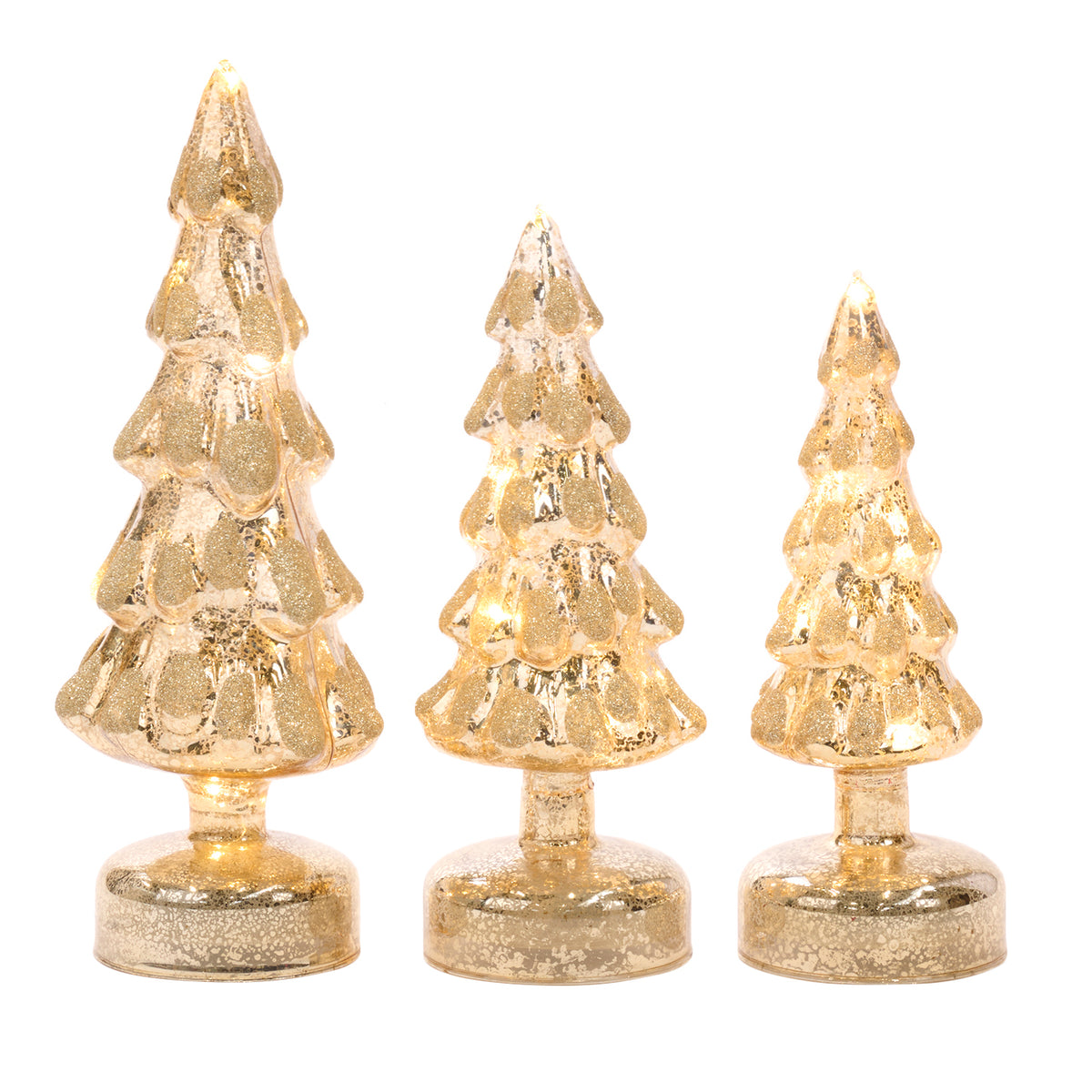 Set 3 brăduți din sticlă cu LED, auriu, 22/25/30 cm