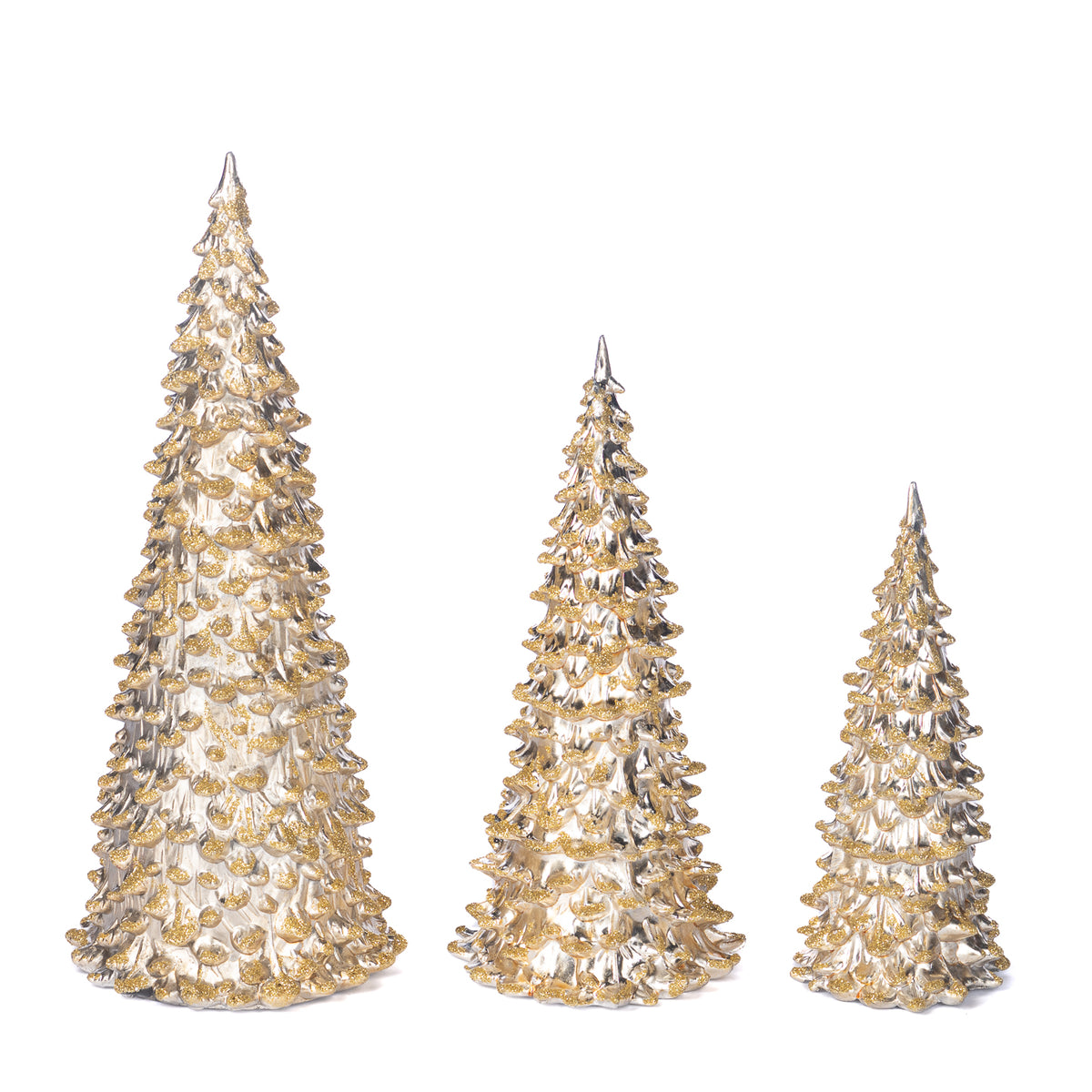 Set 3 brăduți din sticlă cu sclipici, șampanie/auriu, 15/21/27 cm