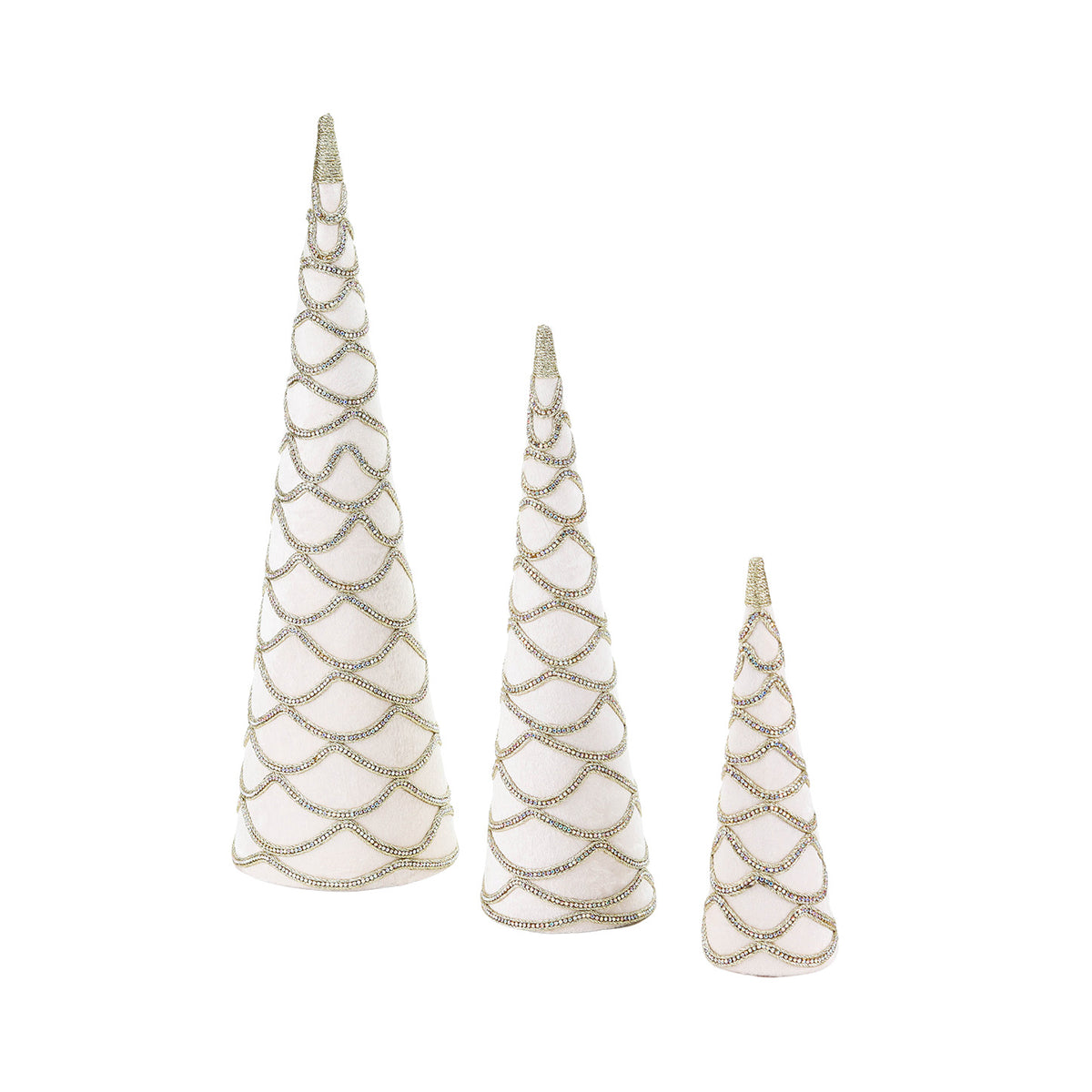 Set 3 conuri decorative din catifea, cu pietre și margine festonată, crem/auriu, 62 cm