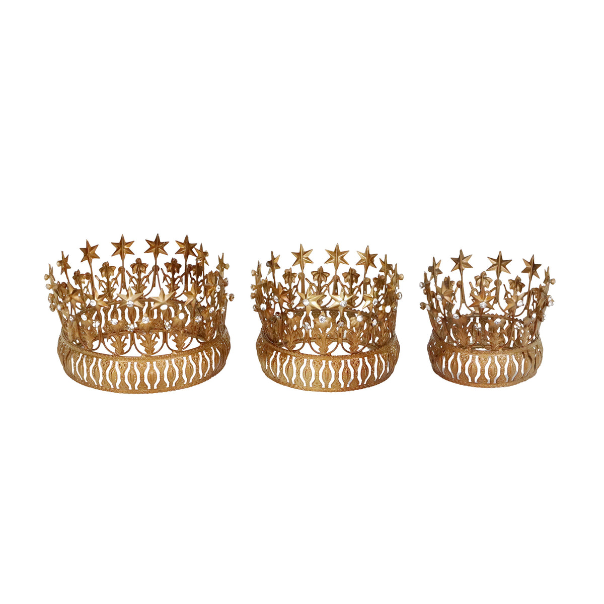 Set 3 coroane din metal cu pietre, auriu, 14 cm