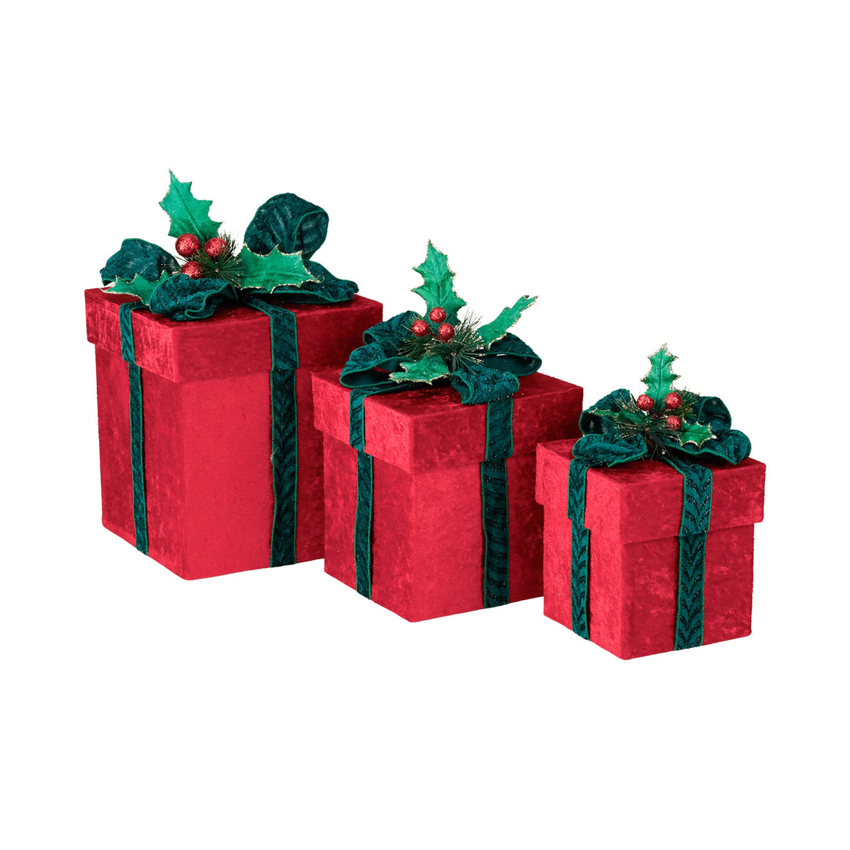 Set 3 cutii cadou decorative cu ilice, din textil, roșu/verde, 30 cm