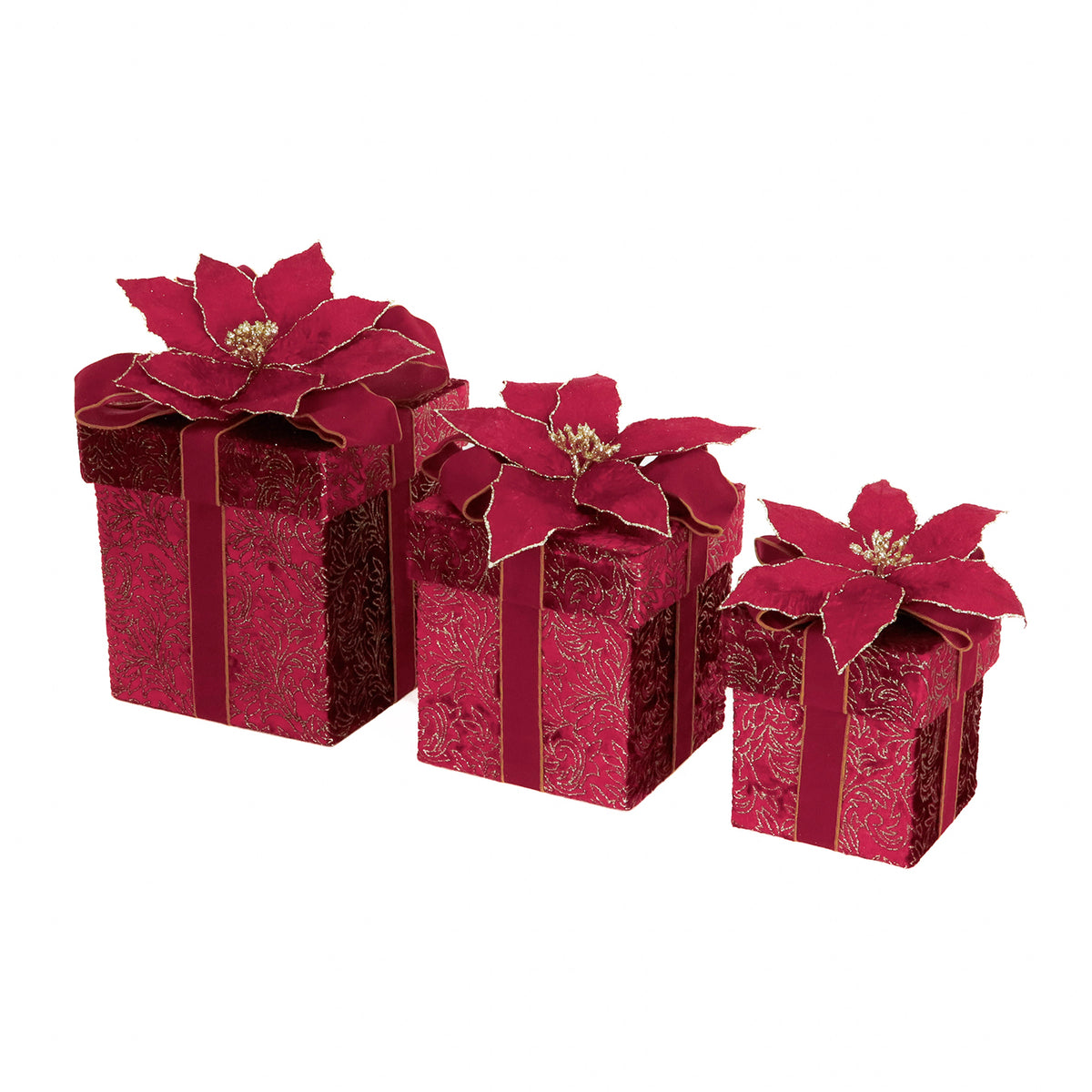 Set 3 cutii cadou din brocart cu crăciuniță, roșu, 30 cm