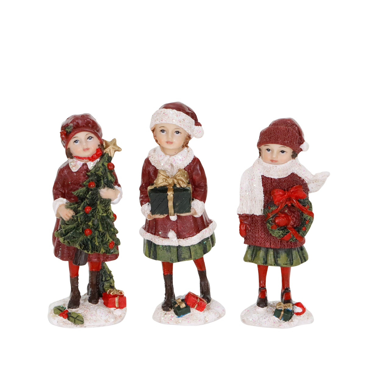 Set 3 figurine copii victorieni cu brad, cadou și coroniță, burgund, 12 cm