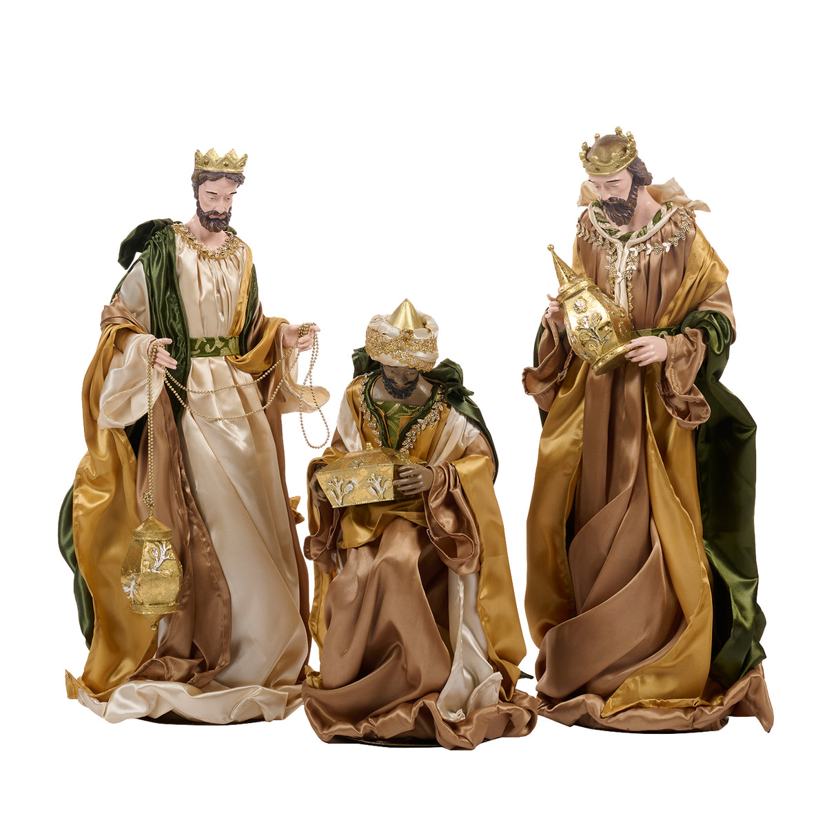 Set 3 figurine cu cei trei magi, din textil și metal, maro/auriu/verde, 65 cm