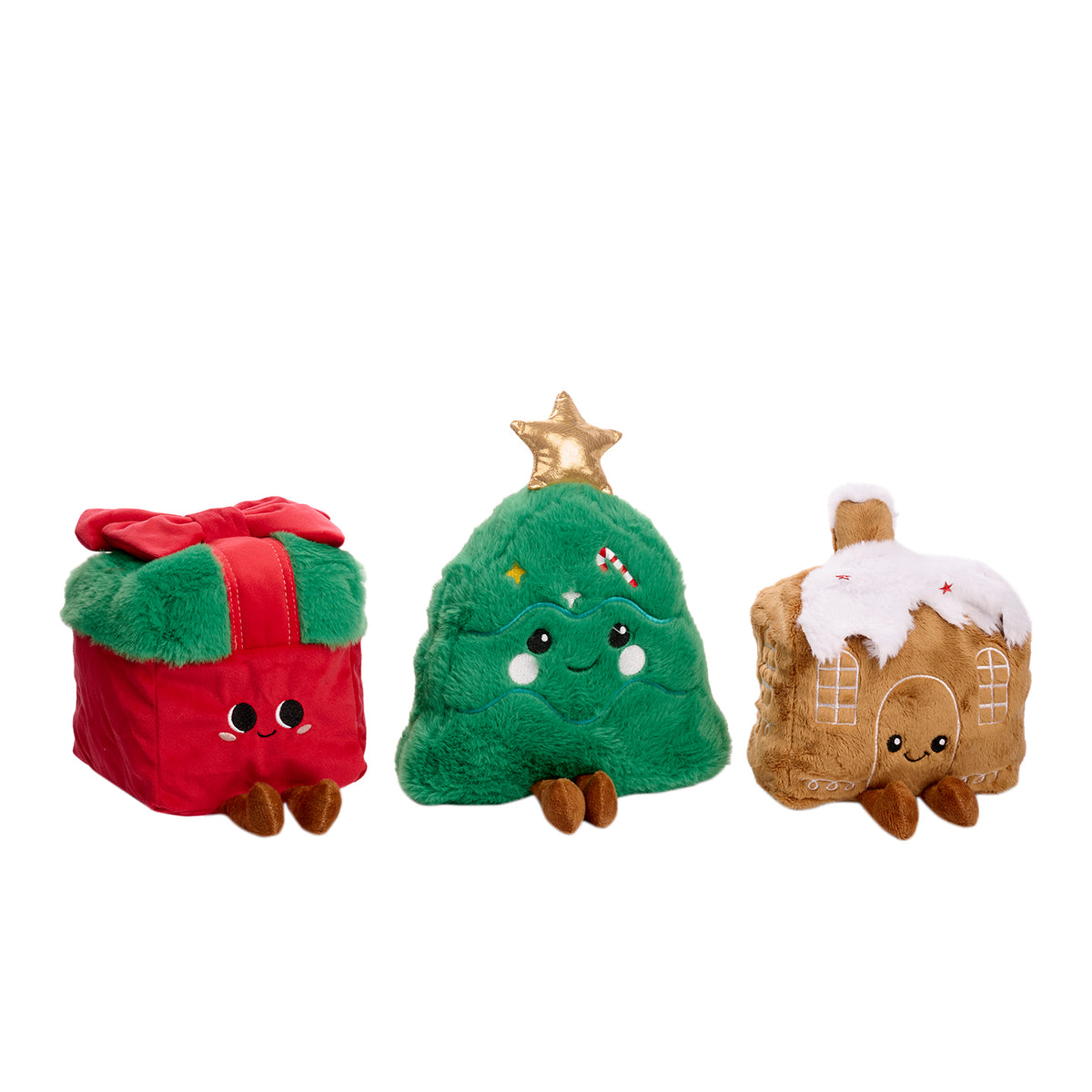 Set 3 figurine de Crăciun din textil: cadou, brad și căsuță, roșu/verde/maro, 23 cm