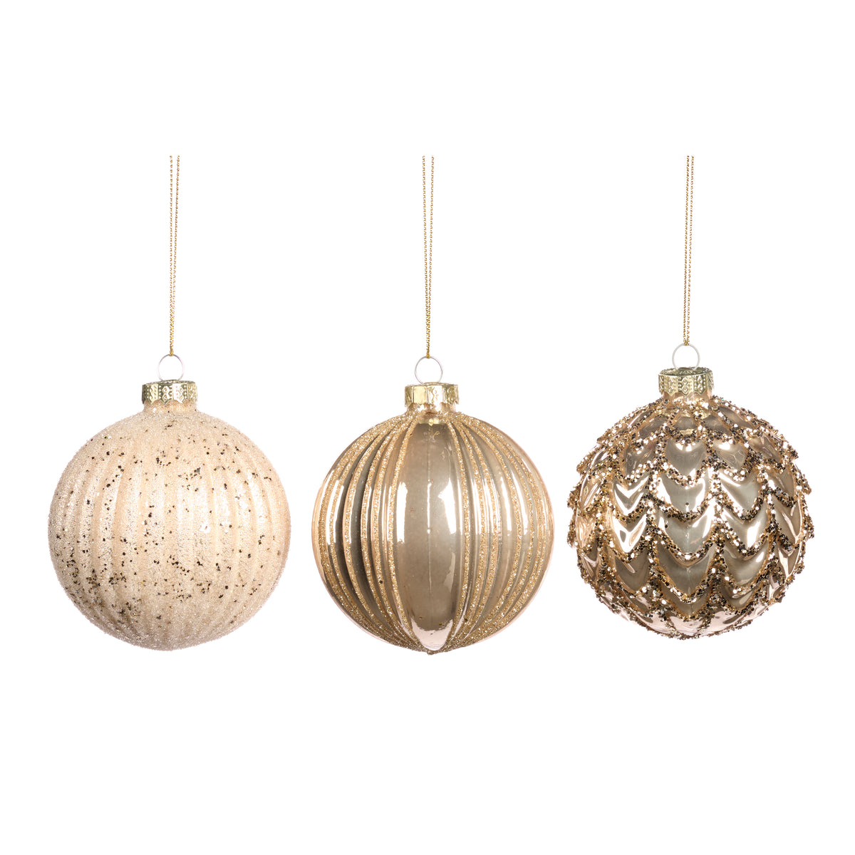 Set 3 globuri din sticlă cu drapaj și striuri, crem/șampanie/auriu, 8 cm