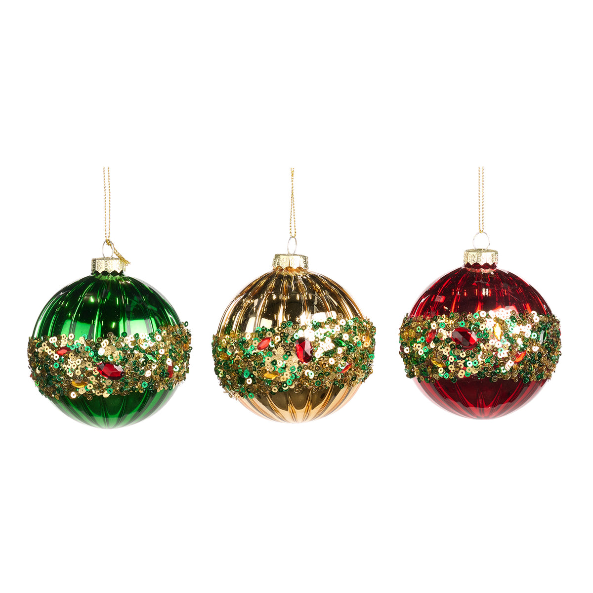 Set 3 globuri din sticlă cu paiete, pietre și inel, roșu/verde/auriu, 8 cm