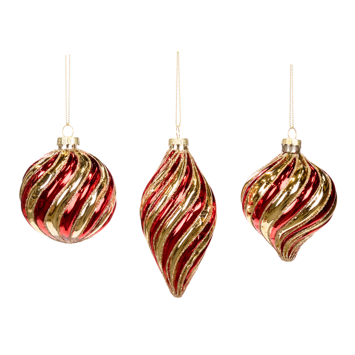 Set 3 globuri și ornamente alungite 3D din sticlă, cu spirală în dungi, roșu/auriu, 8 cm