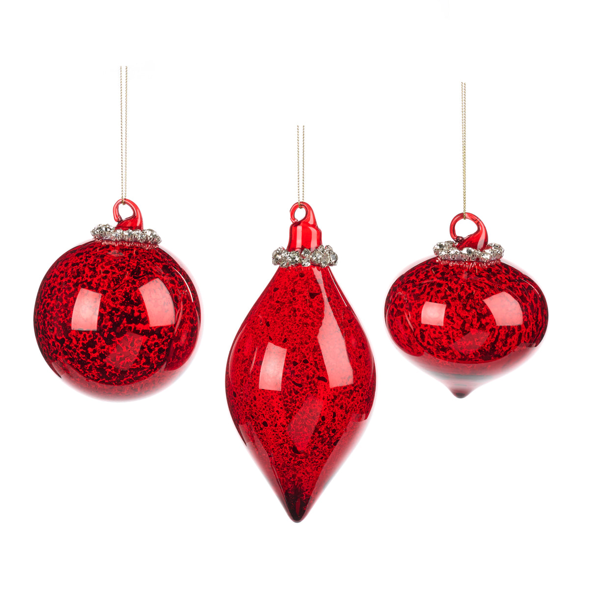 Set 3 globuri și ornamente alungite antichizate, din sticlă, cu vârf cu pietre, roșu, 8 cm