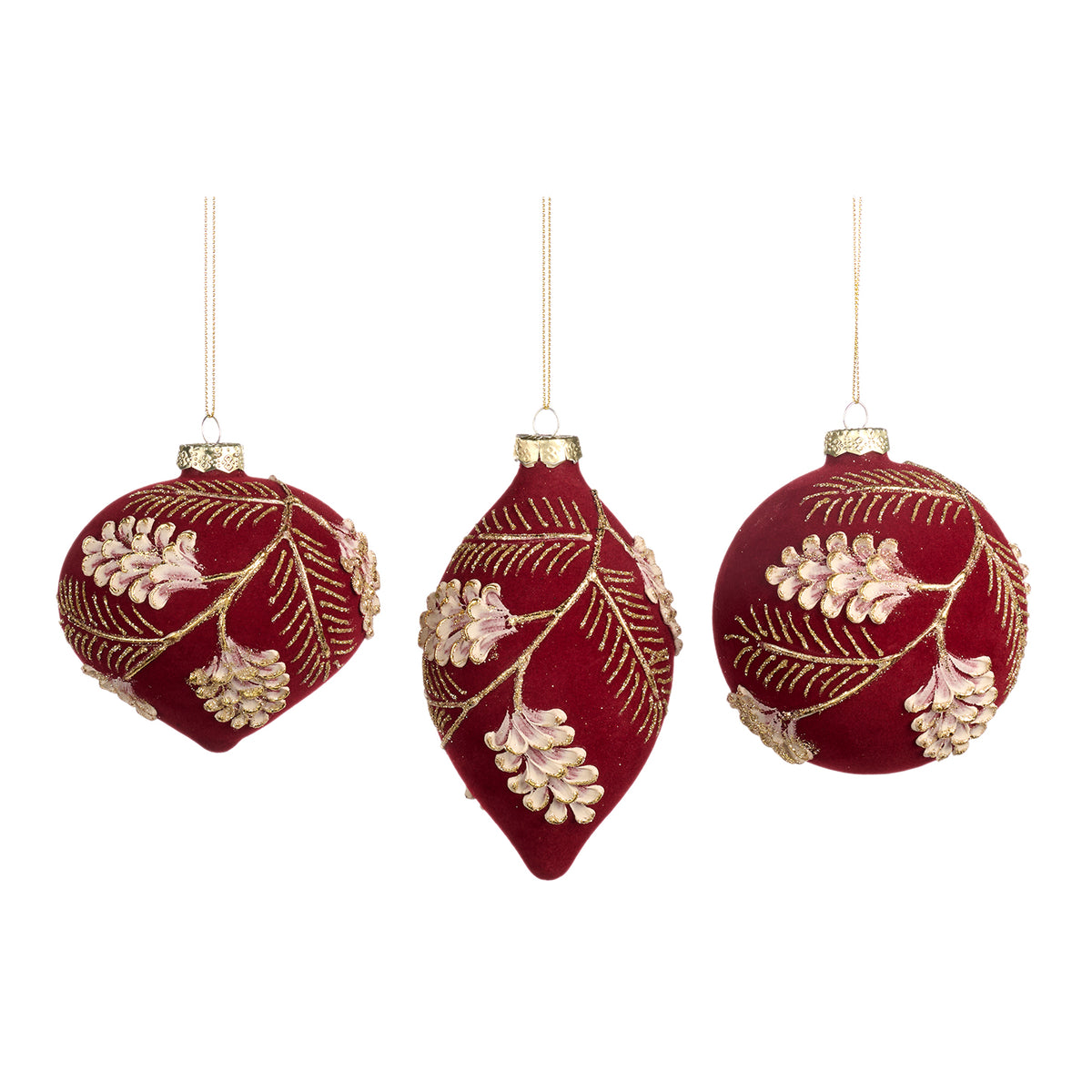 Set 3 globuri și ornamente alungite din sticlă 3D cu conuri de brad, burgund/auriu, 10 cm