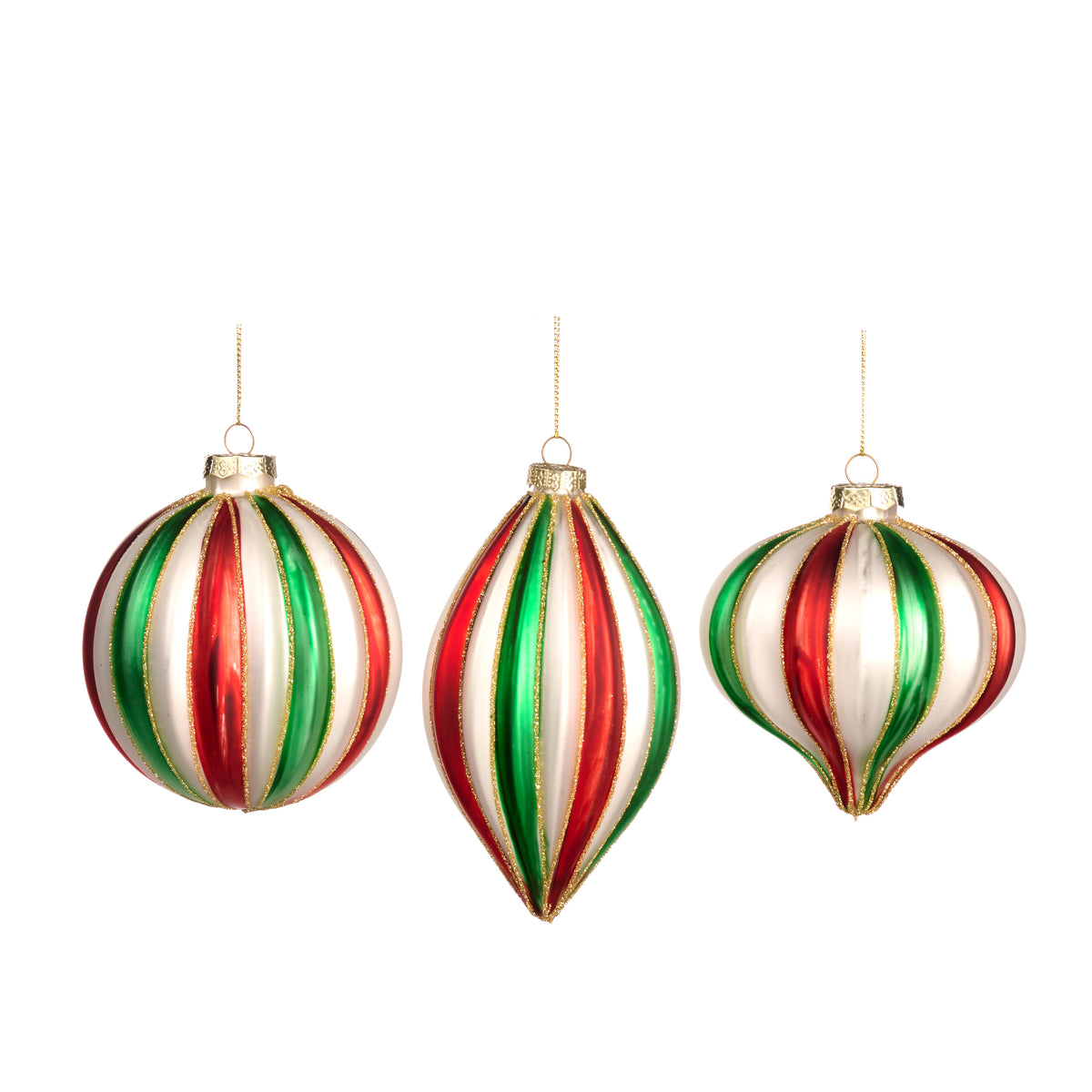 Set 3 globuri și ornamente alungite din sticlă 3D cu dungi, alb/roșu/verde, 10 cm