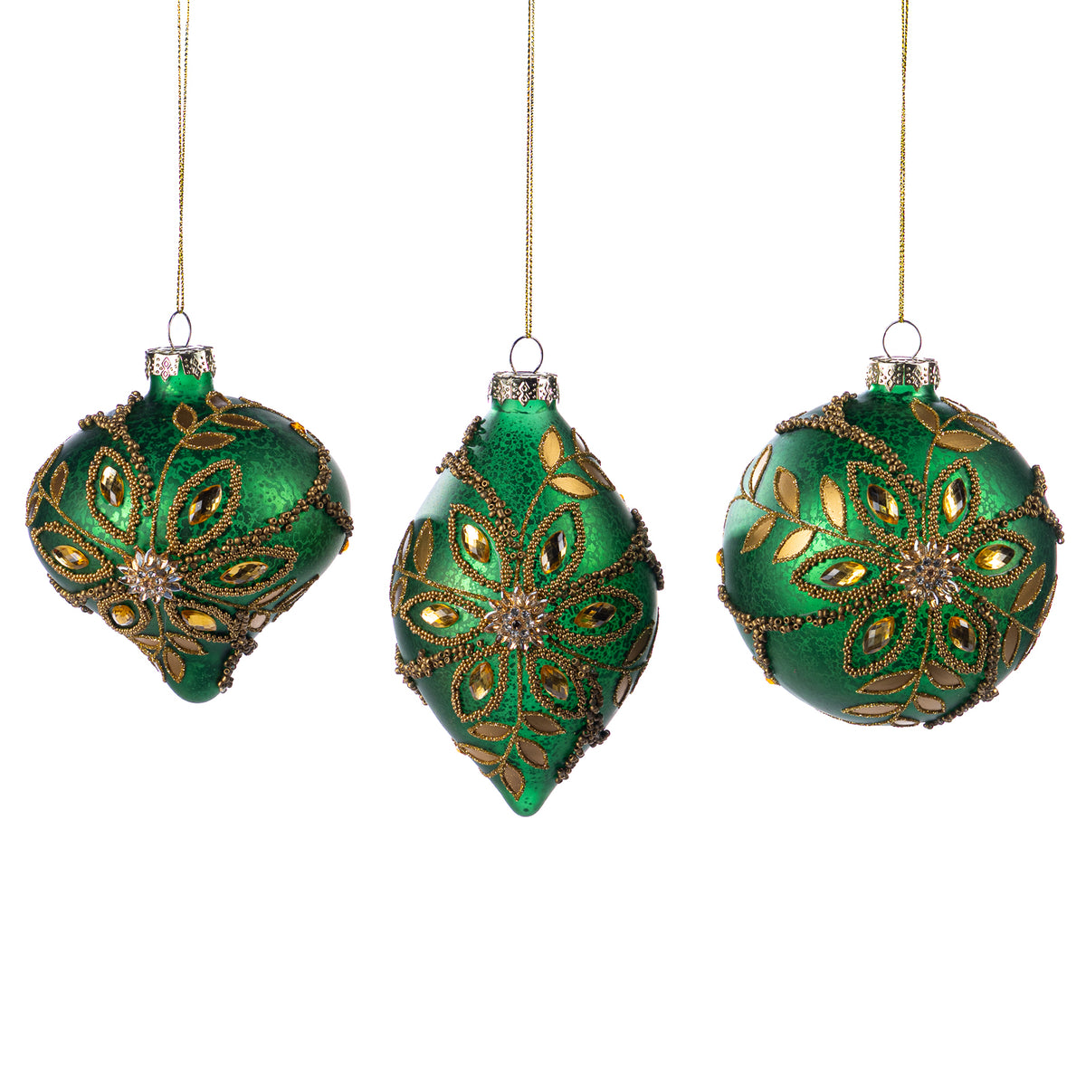 Set 3 globuri și ornamente alungite din sticlă 3D cu flori și pietre, verde, 11,5 cm