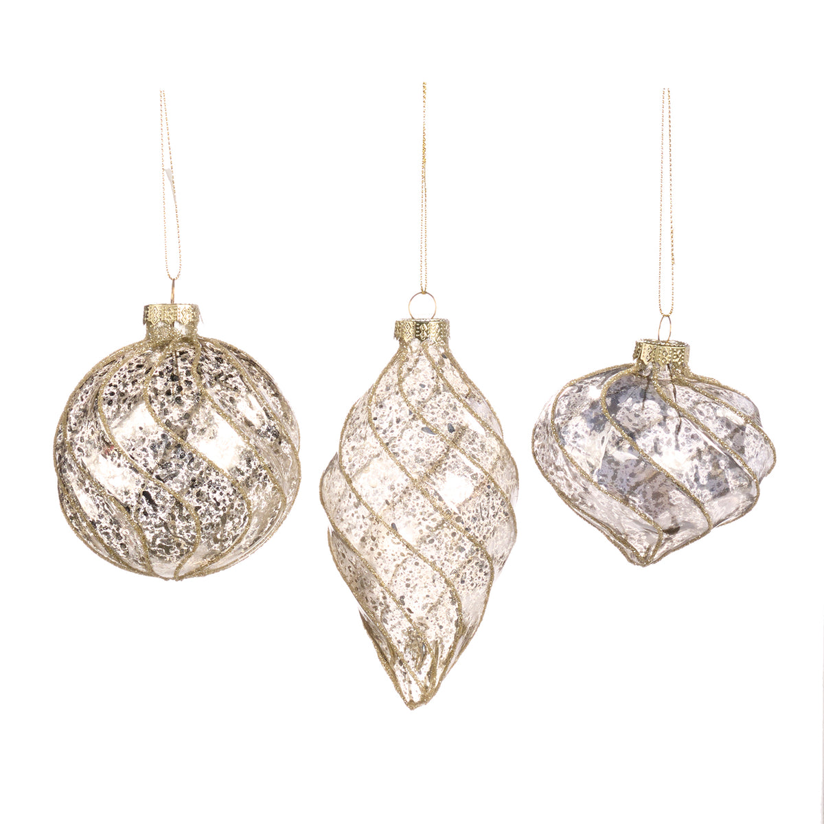 Set 3 globuri și ornamente alungite din sticlă 3D cu model spiralat, șampanie/argintiu, 8 cm