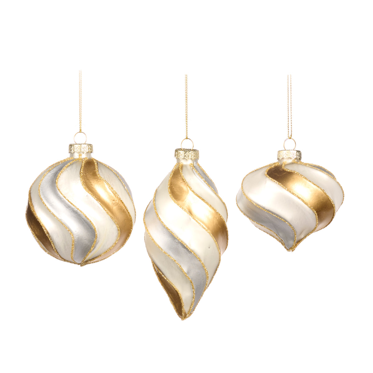 Set 3 globuri și ornamente alungite din sticlă 3D cu spirale, alb/auriu, 8 cm
