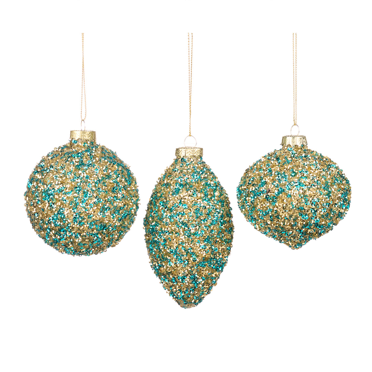 Set 3 globuri și ornamente alungite din sticlă acoperite cu paiete, albastru/auriu, 8 cm